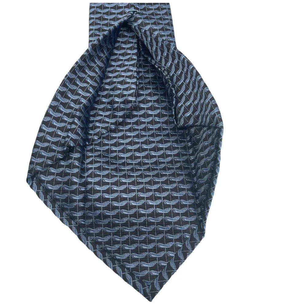 David Chu Mens Seven Fold Necktie Brown Blue Pattern 100% Silk Tie Made in Italy